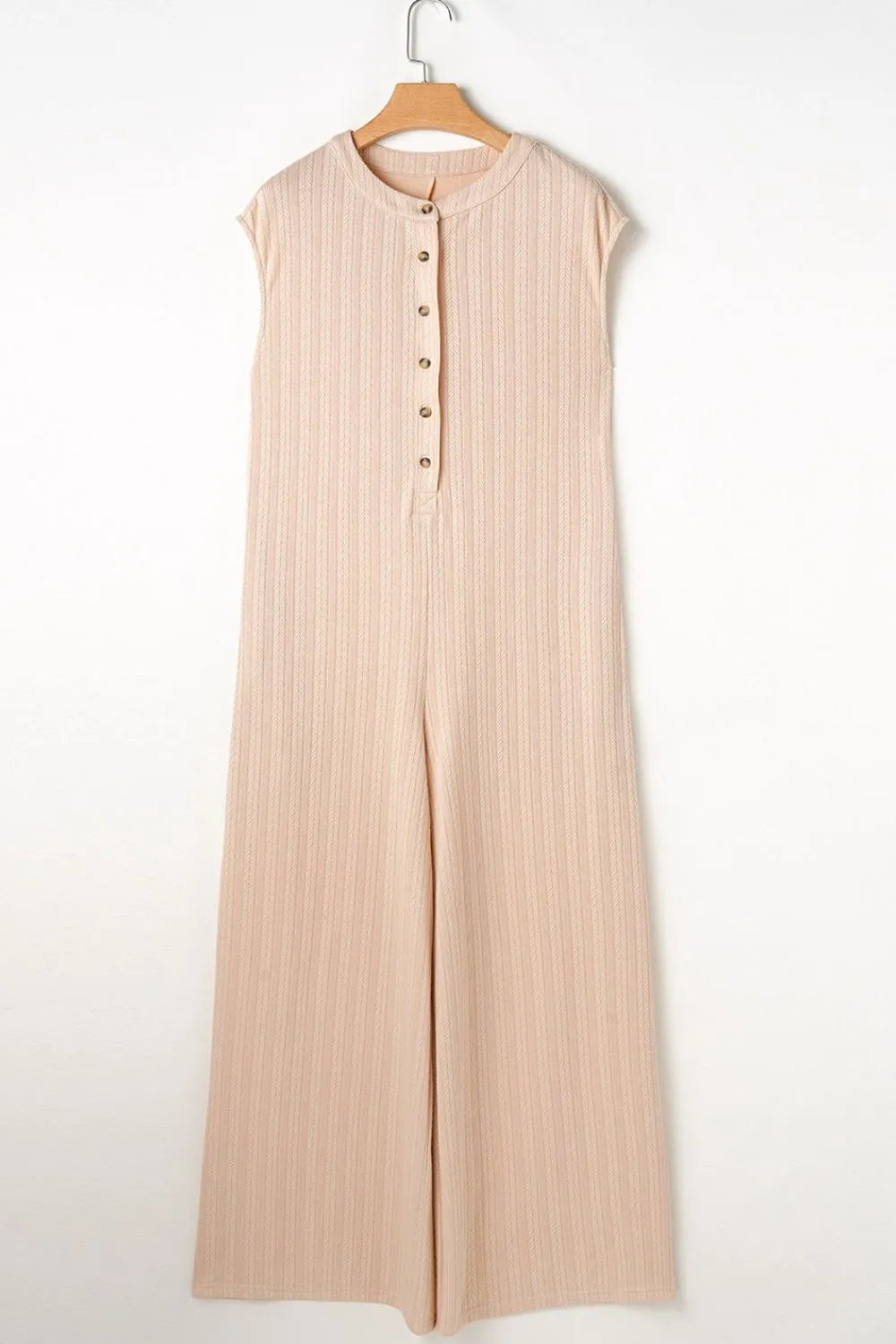 Textured Button Front Wide Leg Cap Sleeve Jumpsuit-Nordavory