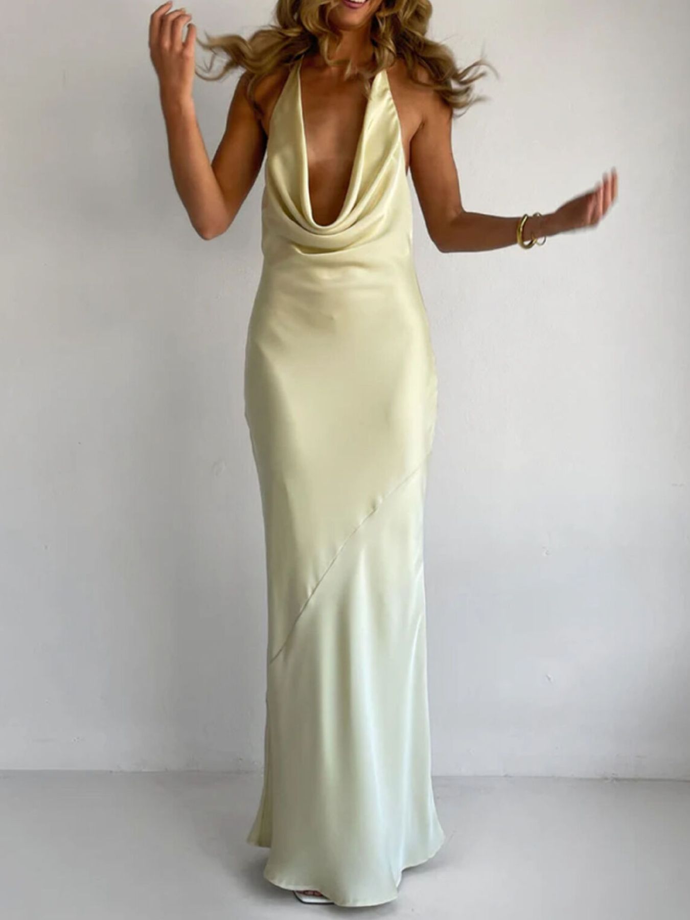 Halter Neck Satin Maxi Dress-Nordavory