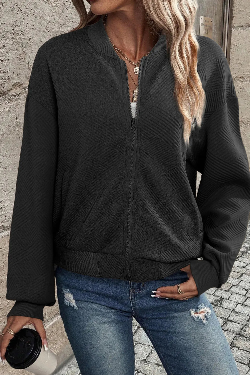 Textured Zip Up Baseball Collar Jacket-Nordavory
