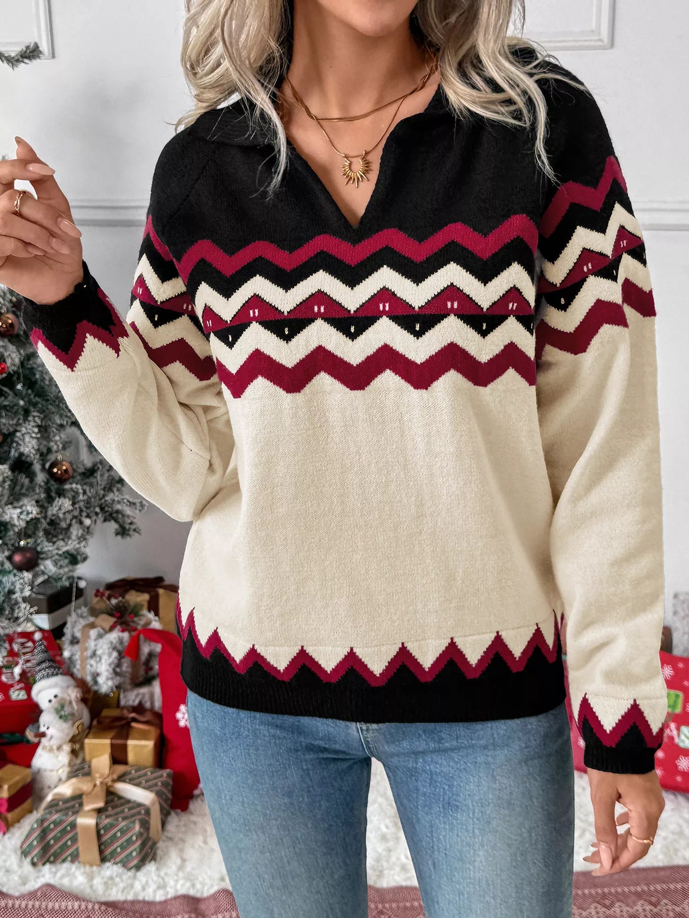 Chevron Pattern Long Sleeve Sweater-Nordavory