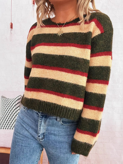 Striped Round Neck Long Sleeve Sweater-Nordavory