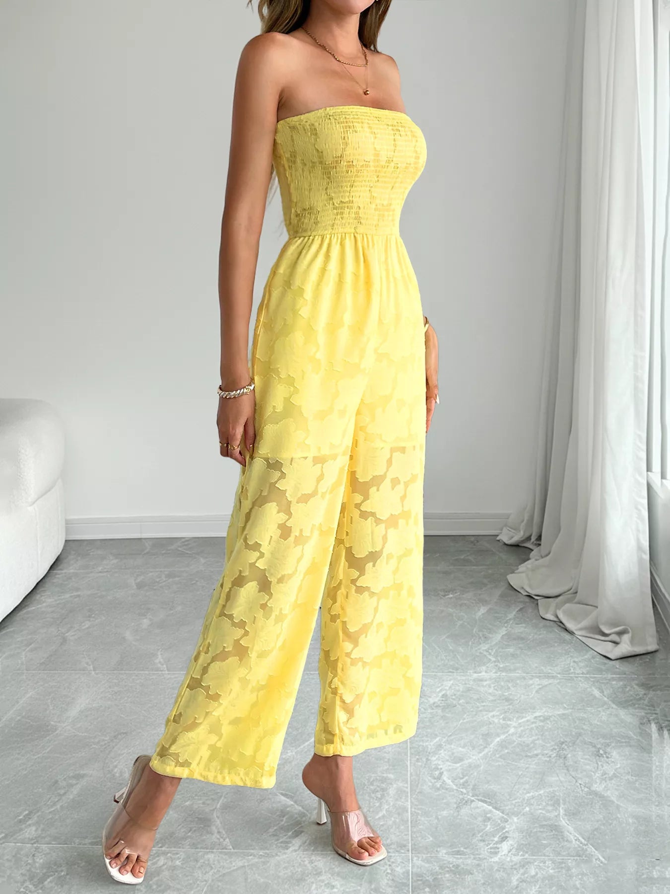 Lace Smocked Tube Jumpsuit-Nordavory