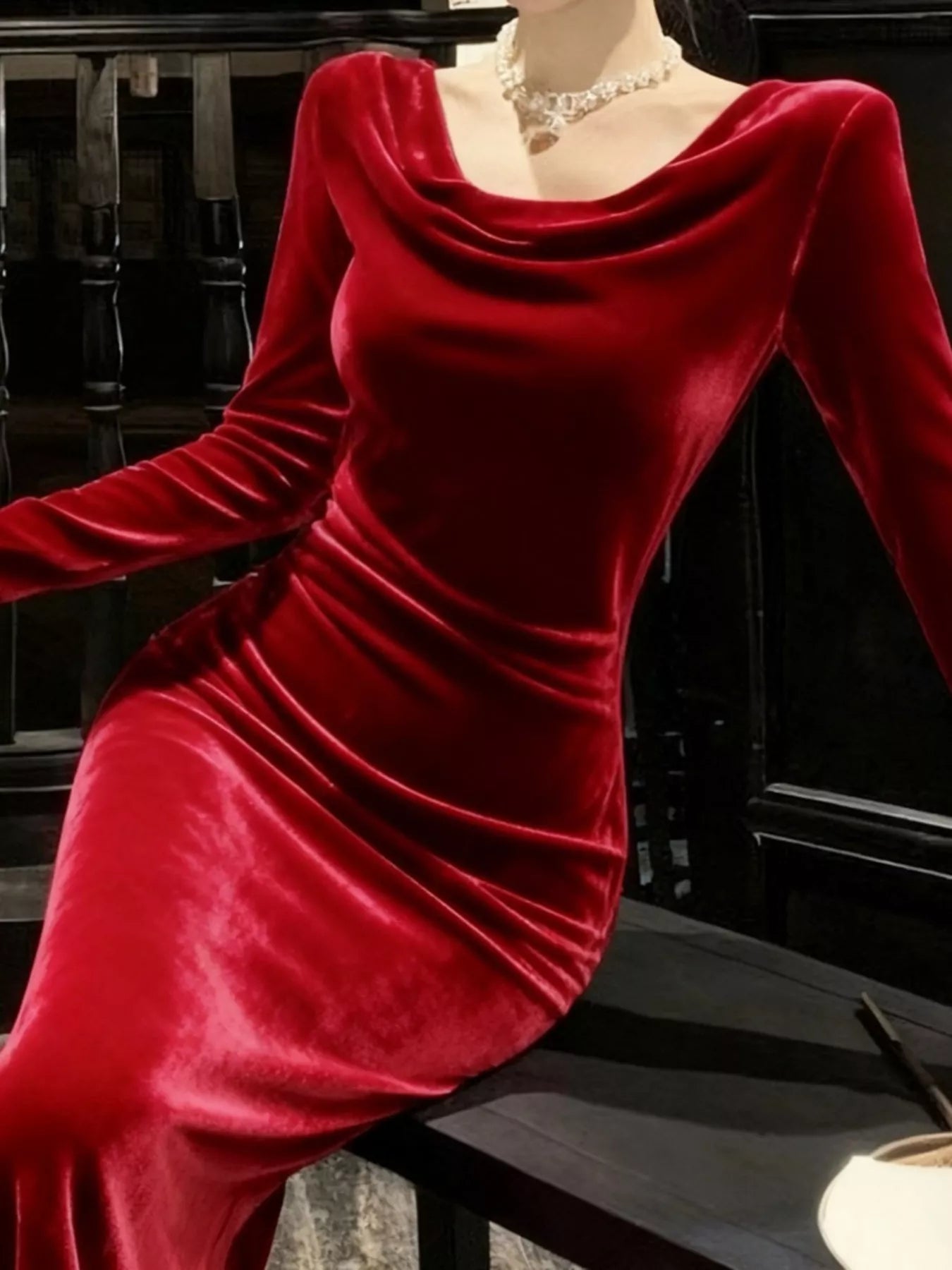 Velvet Cowl Neck Long Sleeve Midi Dress-Nordavory