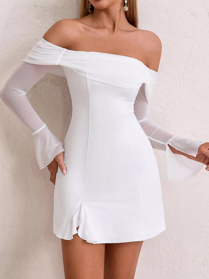 Off-Shoulder Long Sleeve Mini Dress-Nordavory