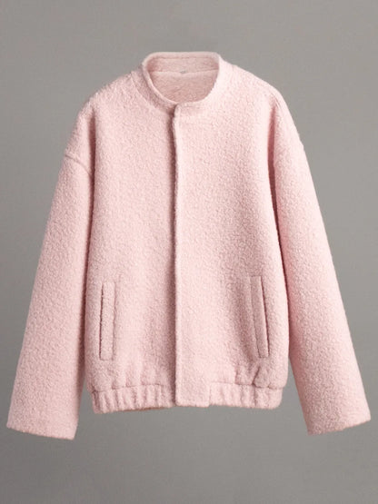 Double Take Plush Mock Neck Snap Down Jacket with Pockets-Nordavory