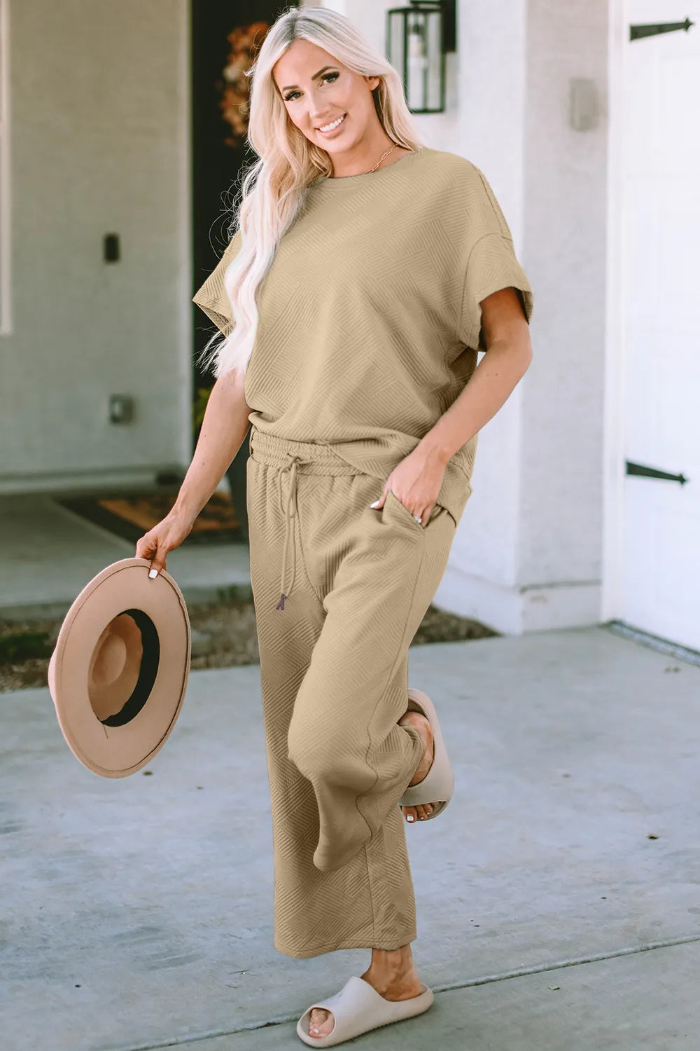 Double Take Full Size Texture Short Sleeve Top and Pants Set-Nordavory
