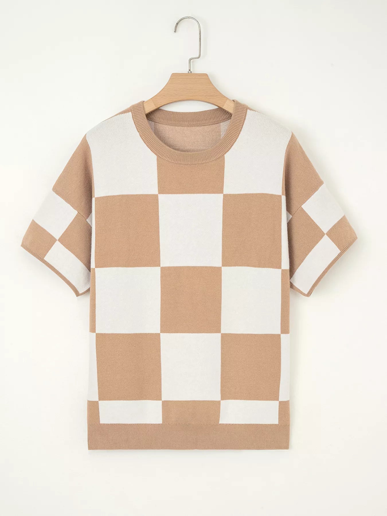 Checkered Pattern Loose Drop Shoulder Half Sleeve Sweater-Nordavory