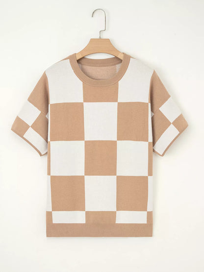Checkered Pattern Loose Drop Shoulder Half Sleeve Sweater-Nordavory