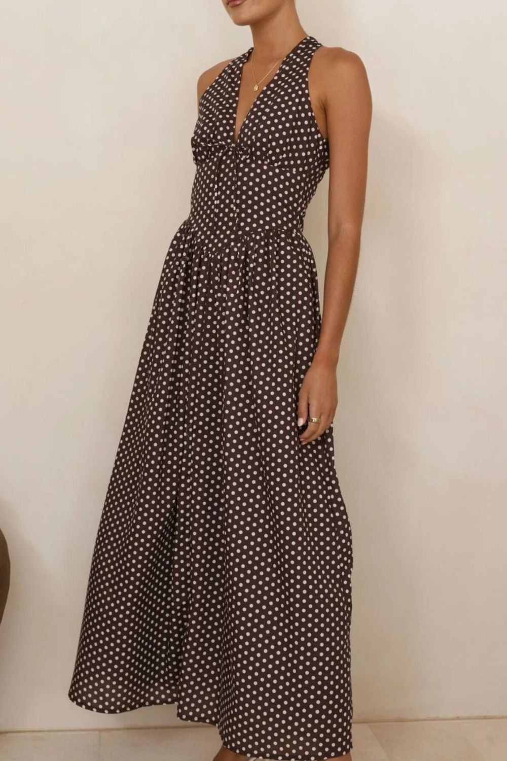 Backless Polka Dot Halter Neck Maxi Dress-Nordavory