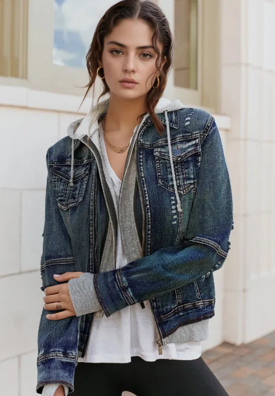 Fake Two-Piece Hooded Zip-Up Denim Jacket-Nordavory