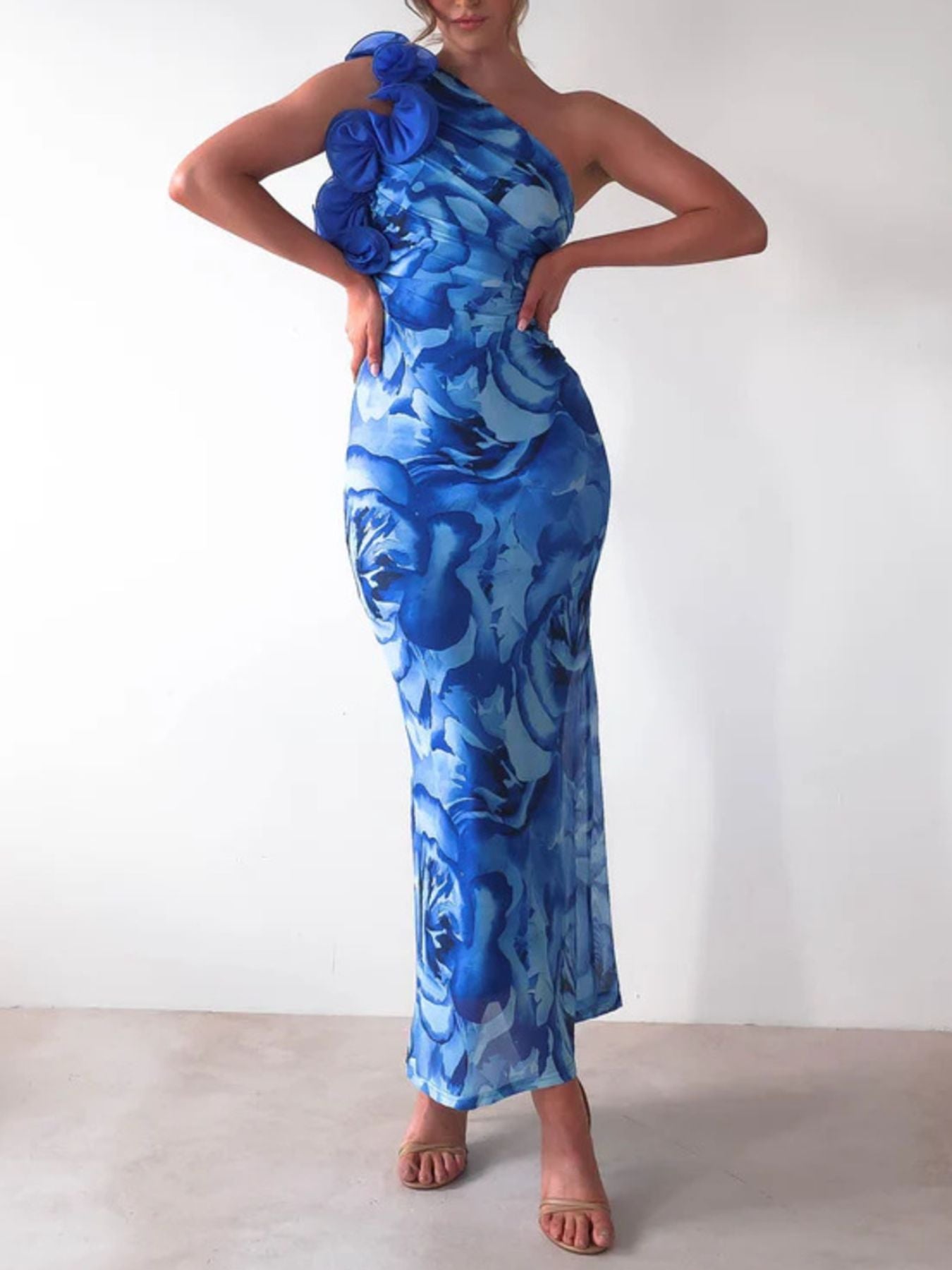 Floral Print One-Shoulder Maxi Dress-Nordavory