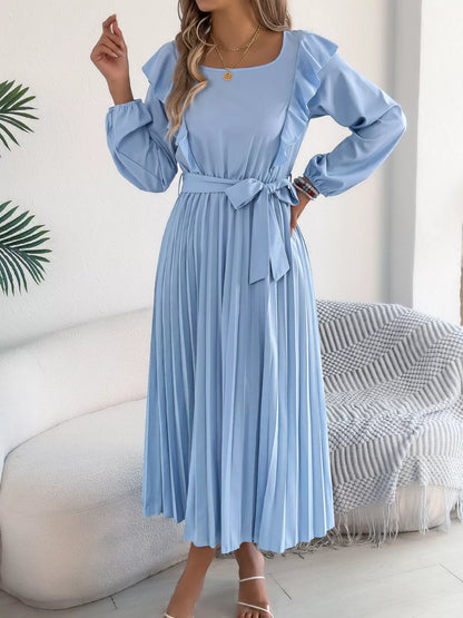 Ruffle Trim Pleated A-Line Midi Dress-Nordavory