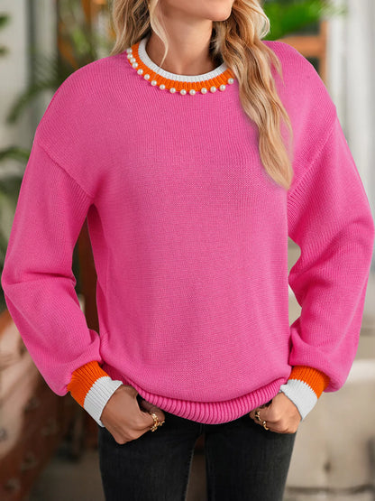 Contrast Crew Neck Pearled Decor Drop Shoulder Knit Sweater-Nordavory