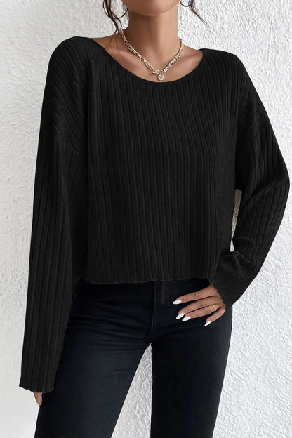 Ribbed Round Neck Drop Shoulder Long Sleeve Top-Nordavory
