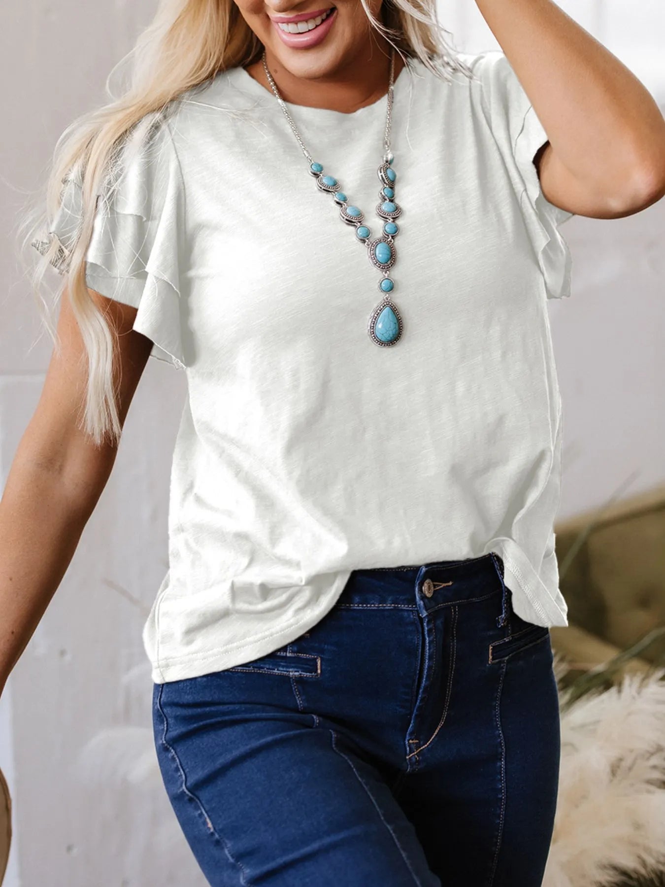 Ruffle Sleeve Round Neck Top-Nordavory