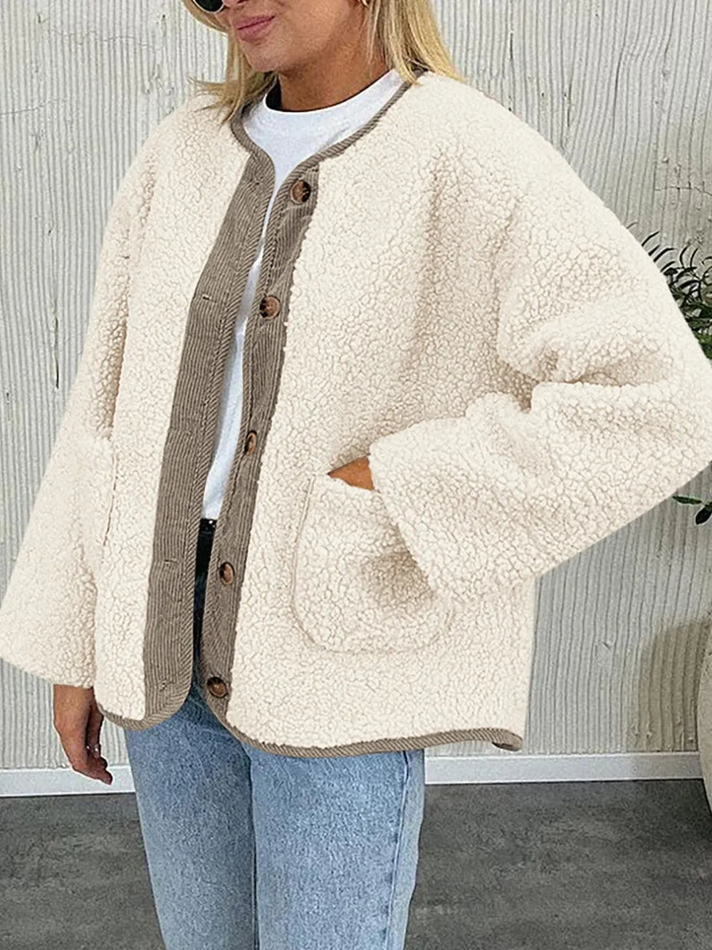 Contrast Button Up Sherpa Jacket with Pockets-Nordavory