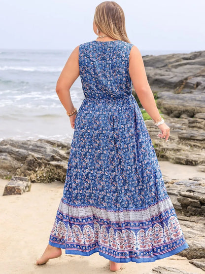 Plus Size Tied Printed Sleeveless Maxi Dress-Nordavory