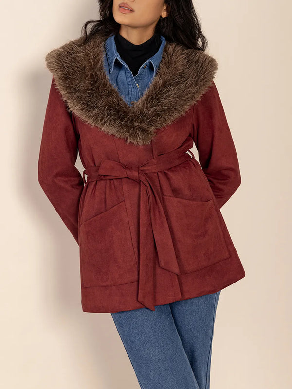 Fuzzy Collared Neck Tie Waist Jacket-Nordavory