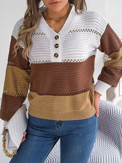 Color Block Striped V-Neck Button Detail Sweater-Nordavory