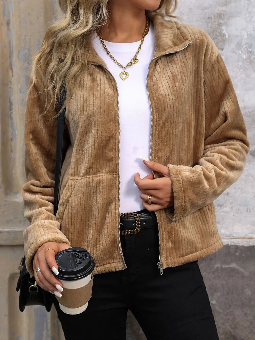 Perfee Pocketed Zip Up Collared Neck Long Sleeve Jacket-Nordavory