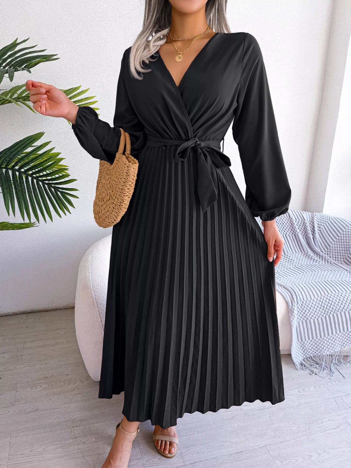 Elegant Pleated Front Tie Long Sleeve Dress-Nordavory