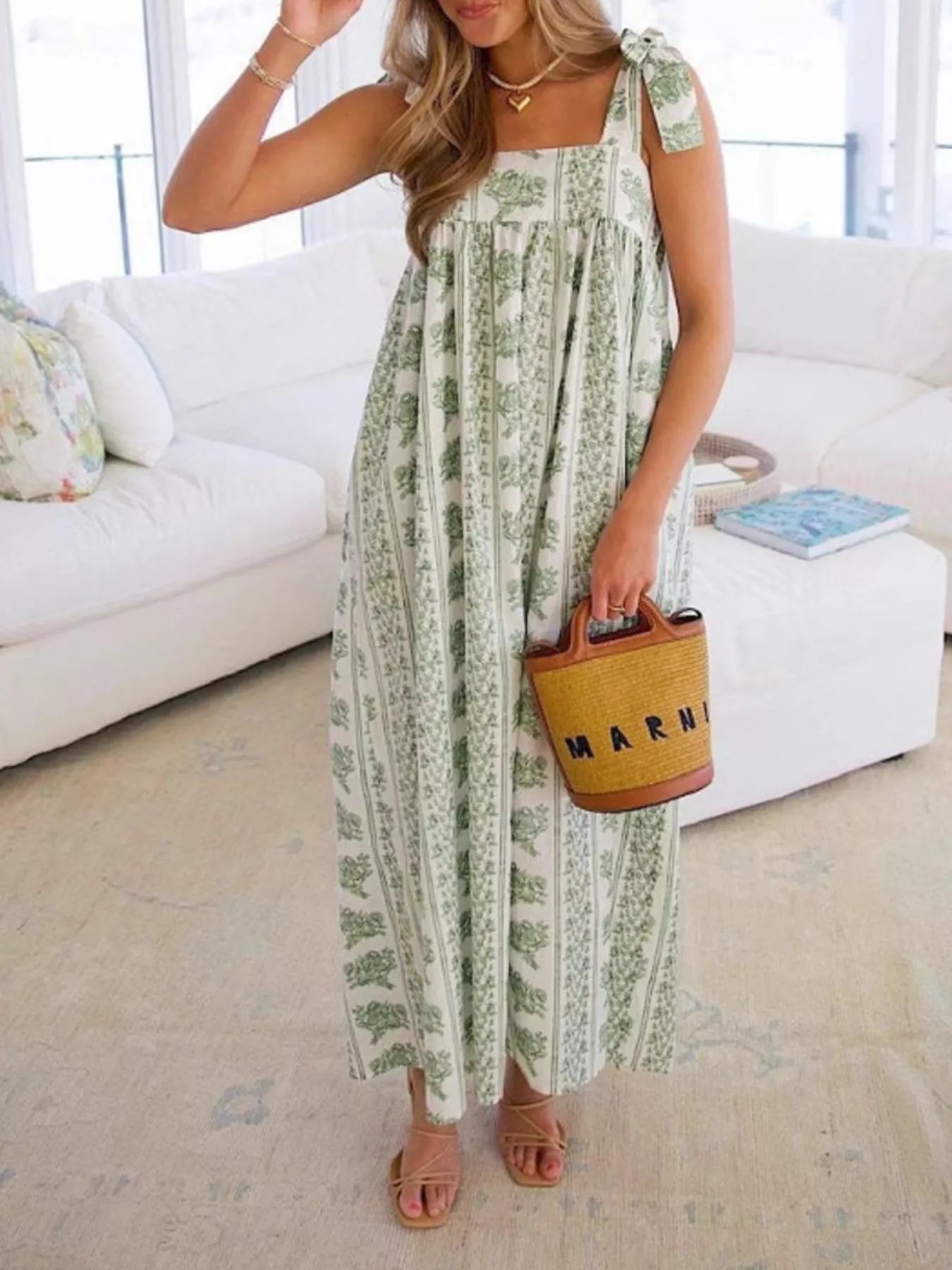 Elegant Floral Print Tie-Shoulder Dress-Nordavory