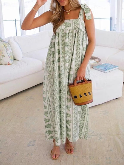 Elegant Floral Print Tie-Shoulder Dress-Nordavory