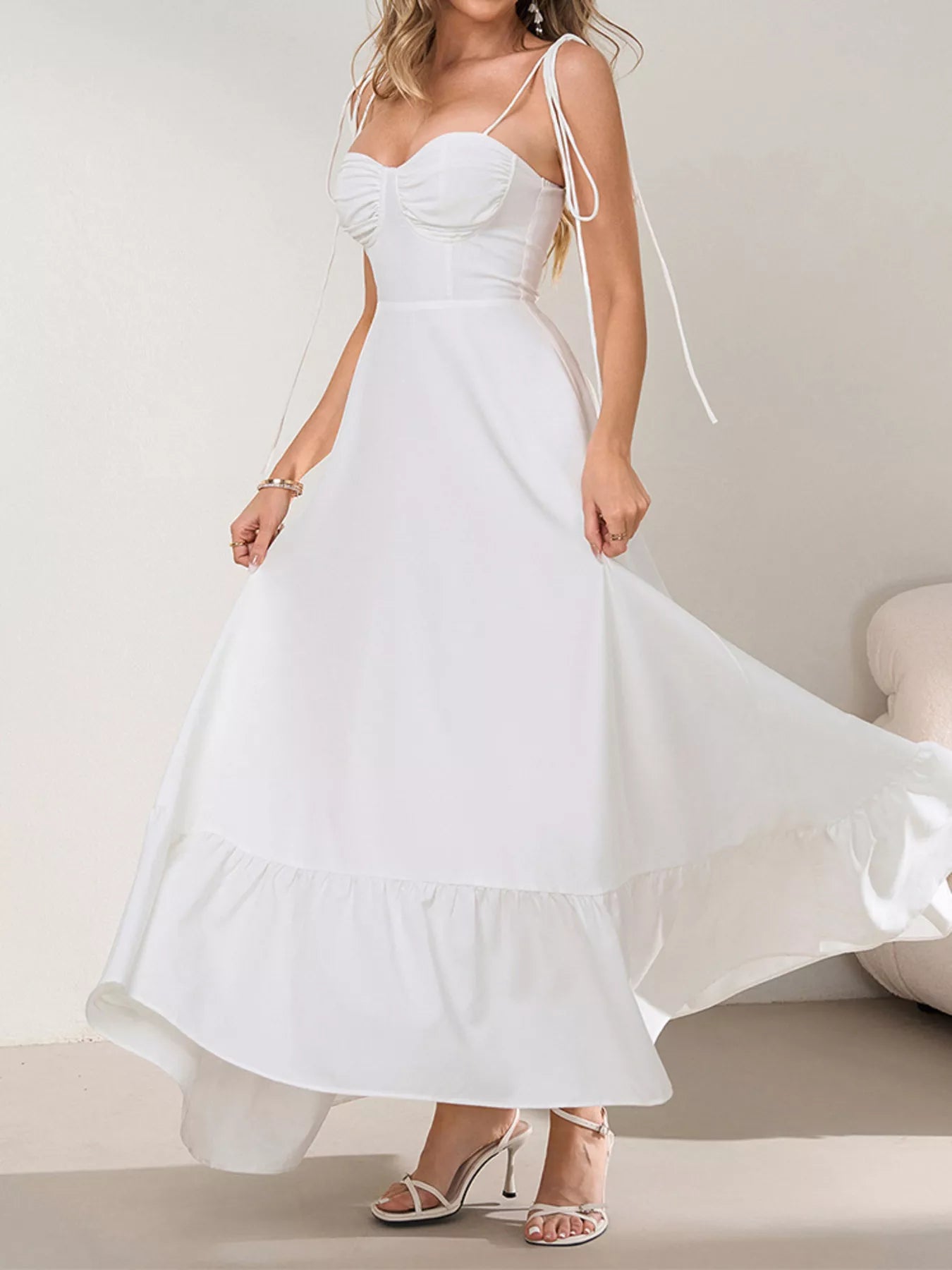 Sweetheart Neck Tie-Strap Ruffle Hem Maxi Dress-Nordavory