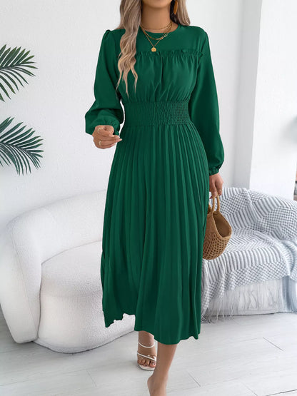Smocked Pleated Long Sleeve Midi Dress-Nordavory