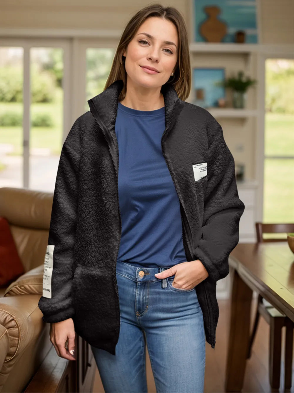 Full Size Turtleneck Zip Up Long Sleeve Sherpa Jacket-Nordavory
