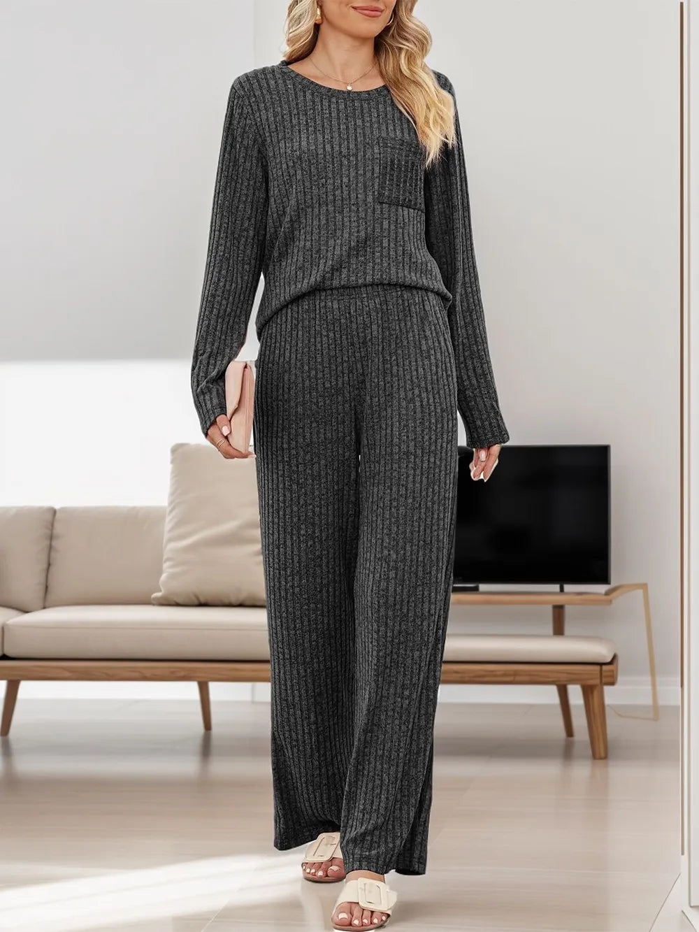 Round Neck Long Sleeve Top and Pants Set-Nordavory