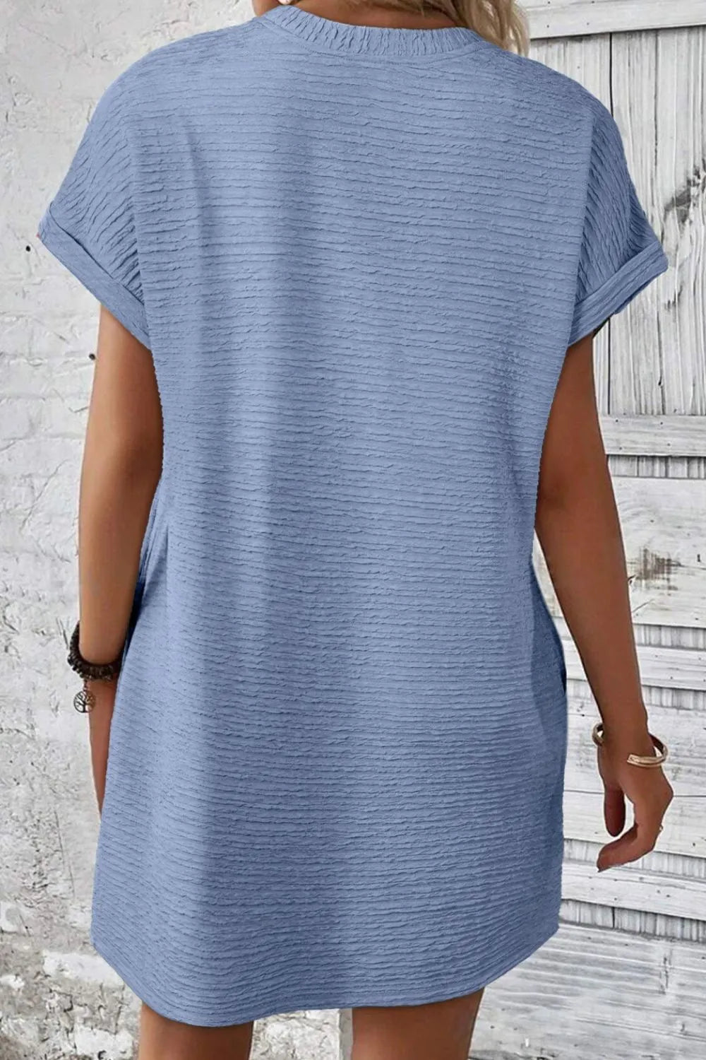 Solid Color Textured Crinkle Short Sleeve T Shirt Dress-Nordavory