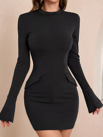 Mock Neck Bell Sleeve Bodycon Mini Dress-Nordavory