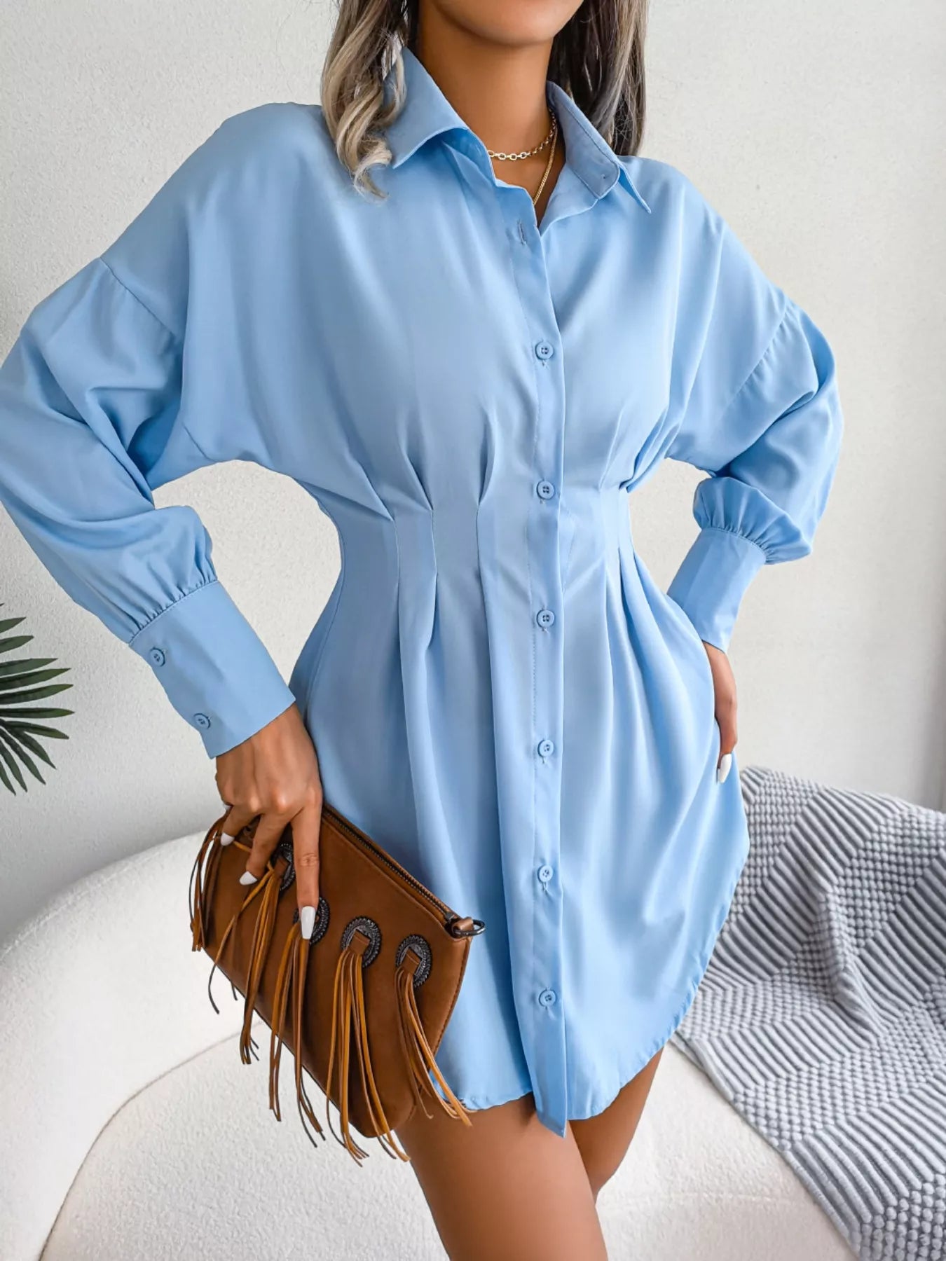 Elegant Button-Down Cinched Waist Mini Shirt Dress-Nordavory