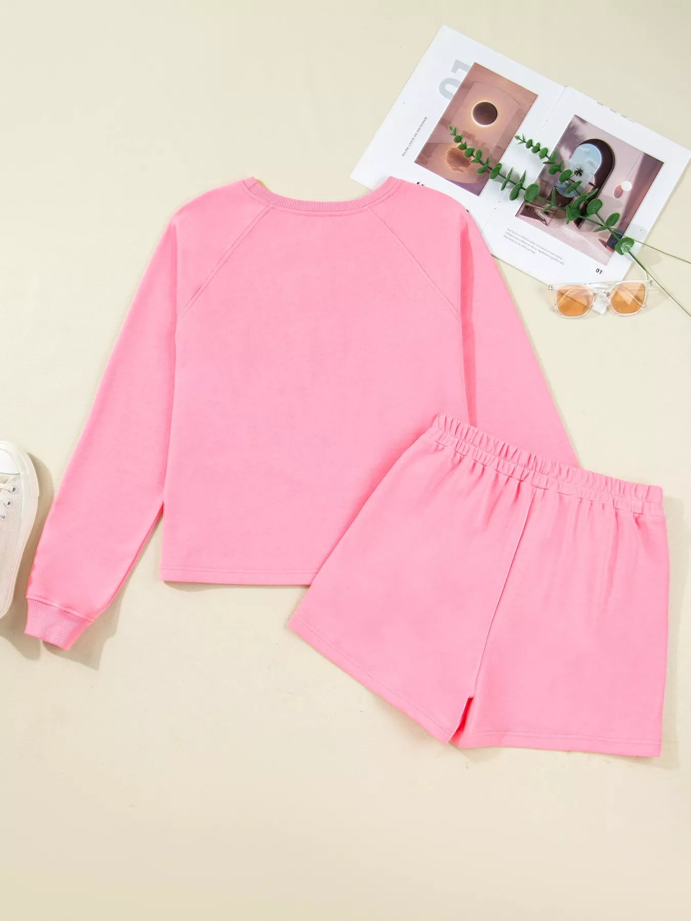 Plaid Contrasted Double Christmas Tree Patched Raglan Sleeve Pullover 2pcs Short Set-Nordavory
