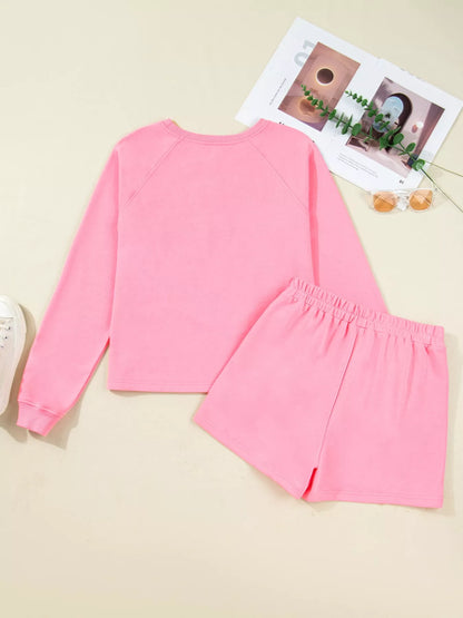 Plaid Contrasted Double Christmas Tree Patched Raglan Sleeve Pullover 2pcs Short Set-Nordavory