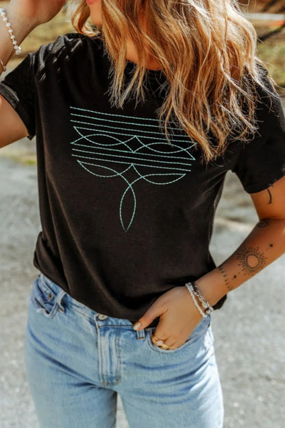 Embroidered Round Neck Short Sleeve T-Shirt-Nordavory
