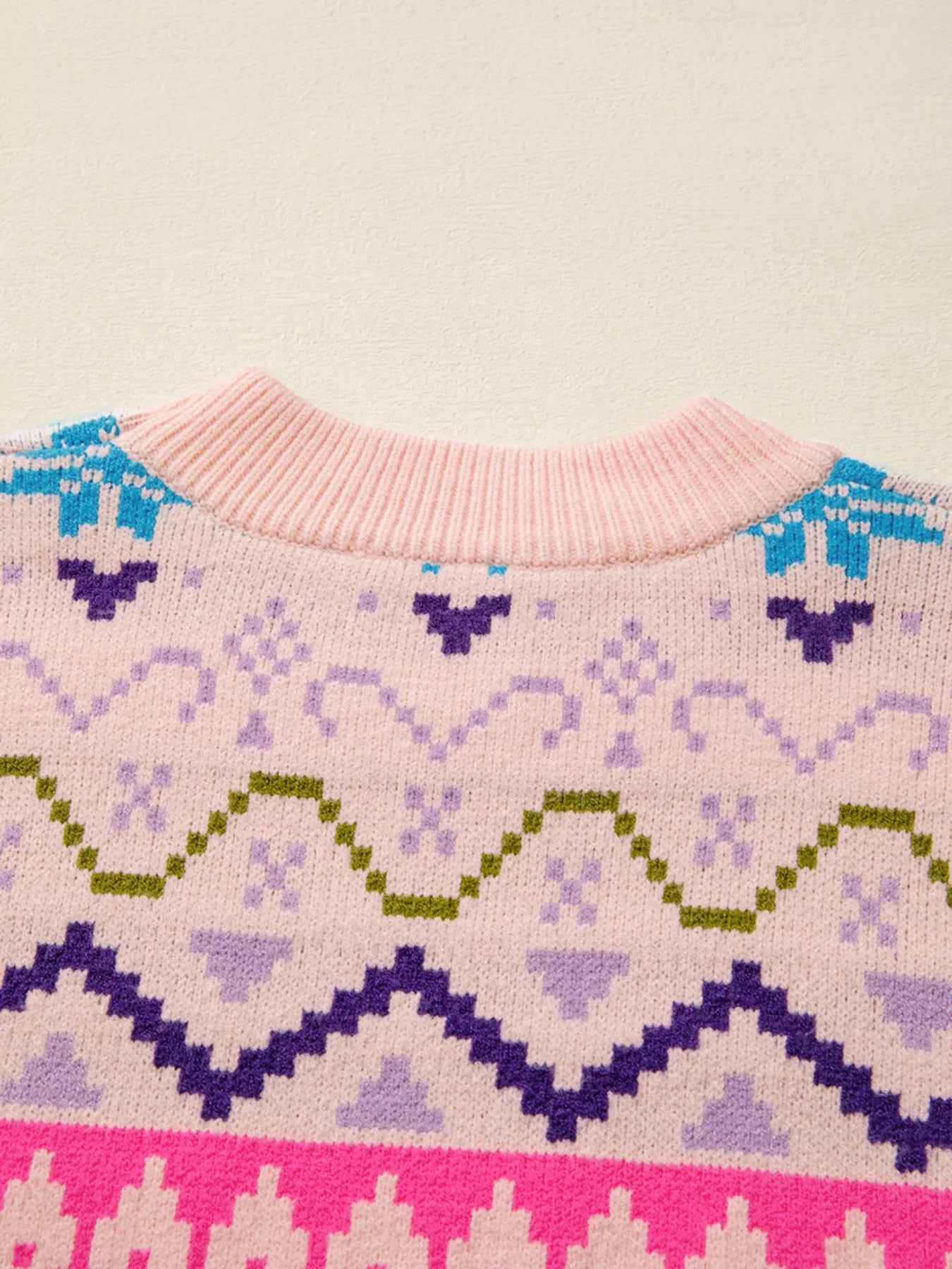 Multicolour Ethnic Christmas Pattern Knit Feather Cuffed Sweater-Nordavory