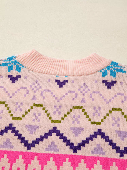 Multicolour Ethnic Christmas Pattern Knit Feather Cuffed Sweater-Nordavory