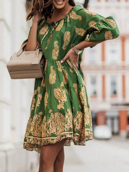 Paisley Print Tie Neck Half Sleeve Mini Dress-Nordavory