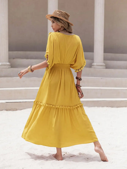 Tassel Trim Smocked V-Neck Short Sleeve Dress-Nordavory