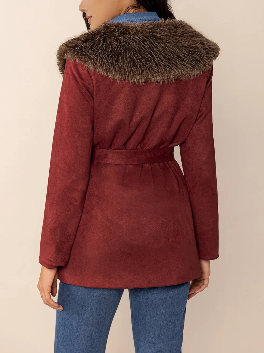 Fuzzy Collared Neck Tie Waist Jacket-Nordavory