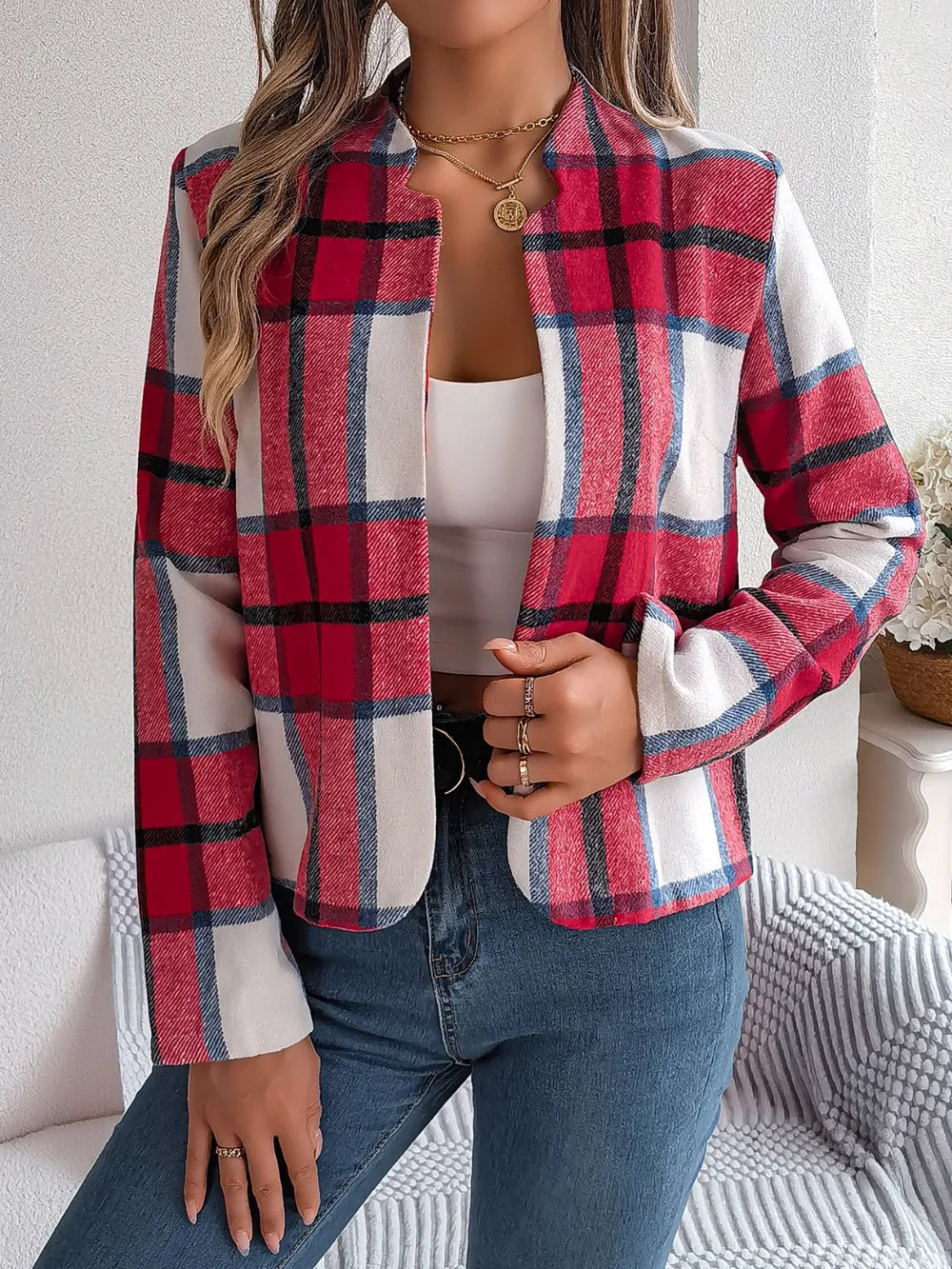 Plaid Open Front Long Sleeve Jacket-Nordavory