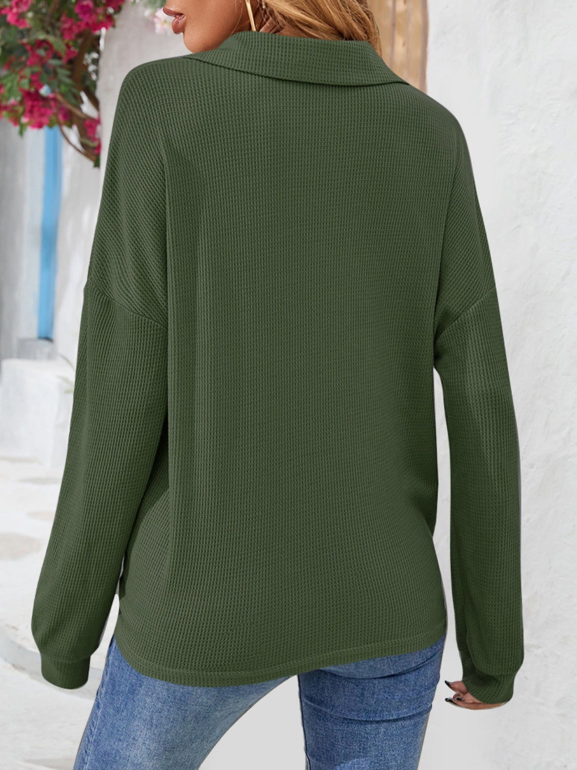 Half Button Collared Neck Long Sleeve Top-Nordavory