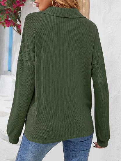 Half Button Collared Neck Long Sleeve Top-Nordavory