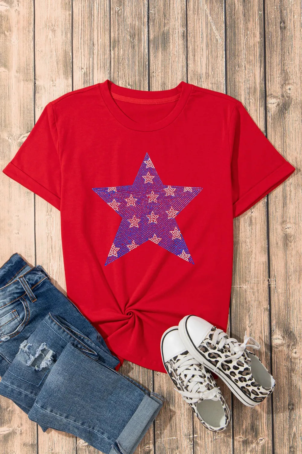 Patriotic Star Round Neck T-Shirt-Nordavory
