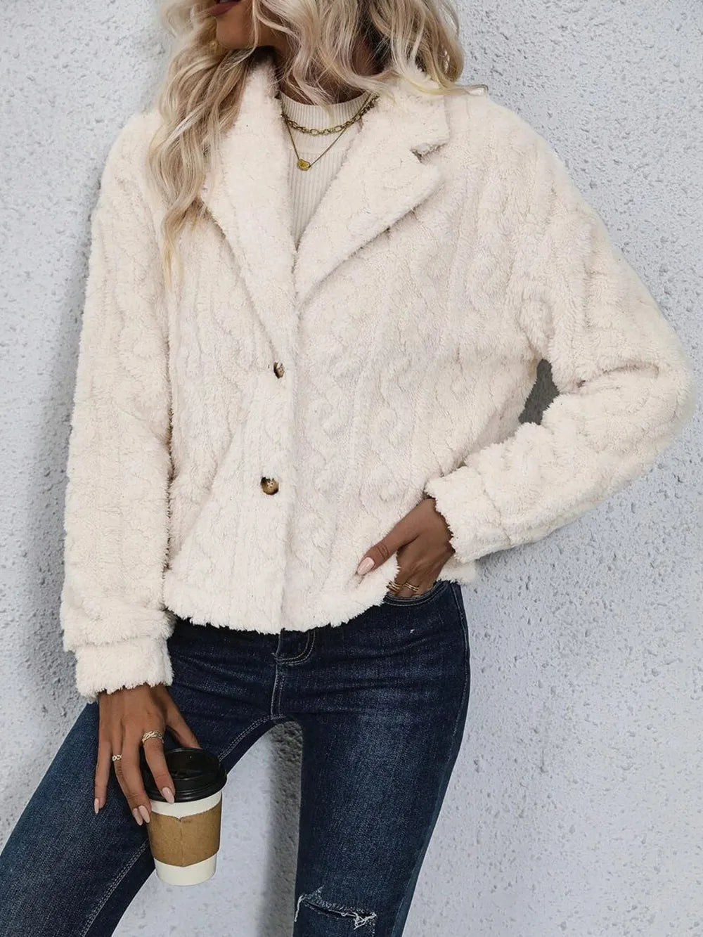 Fuzzy Button Up Collared Neck Jacket-Nordavory