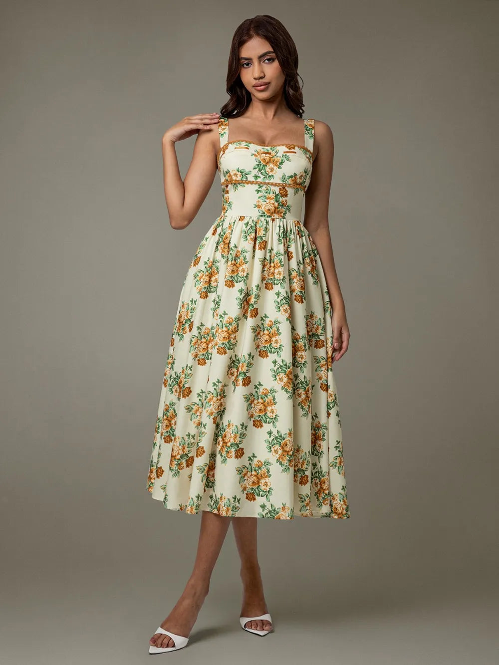 Lace Trim Floral Sleeveless Midi Dress-Nordavory