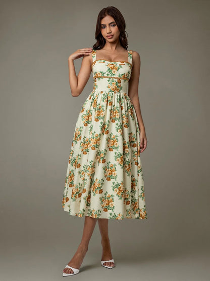 Lace Trim Floral Sleeveless Midi Dress-Nordavory