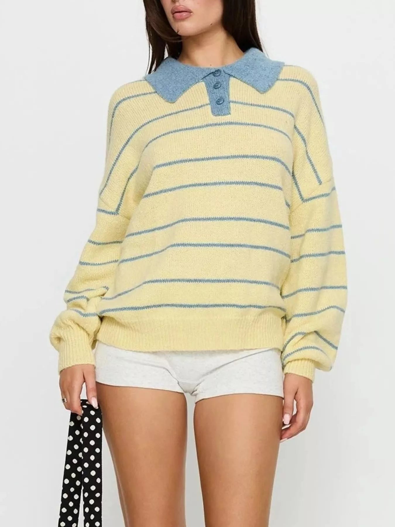 Striped Polo Collar Long Sleeve Sweater-Nordavory